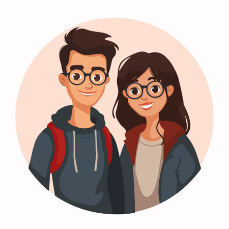 Couple of young people cartoon round icon. Vector illustration graphic designのイラスト素材