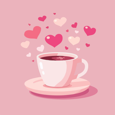 Cup of coffee with hearts on pink background. Vector illustration.のイラスト素材