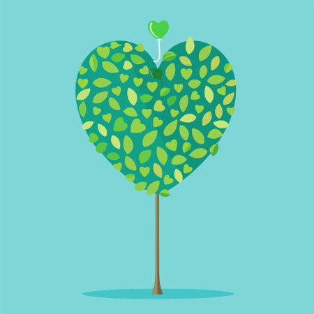 Heart shaped tree with green leaves on blue background. Vector illustration.のイラスト素材