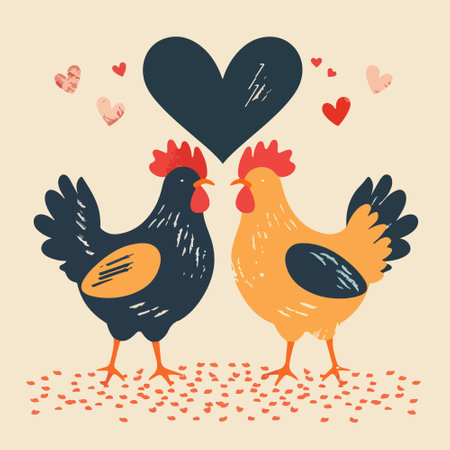 Cute hand drawn vector illustration of two roosters with hearts.のイラスト素材