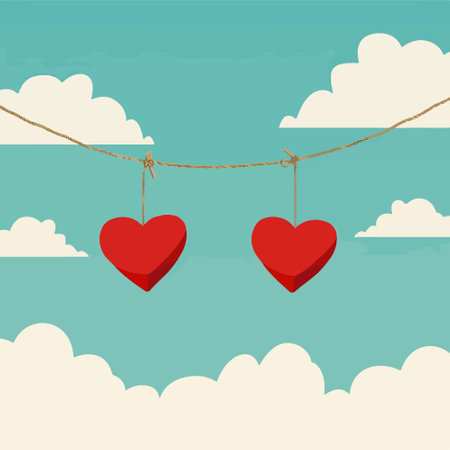 Two red hearts hanging on a rope over blue sky. Vector illustrationのイラスト素材