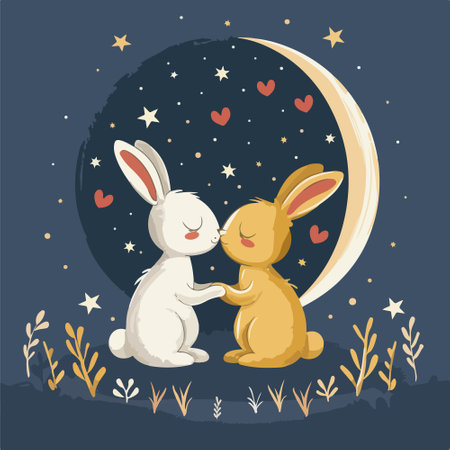 Cute couple of rabbits on a background of the moon and starsのイラスト素材