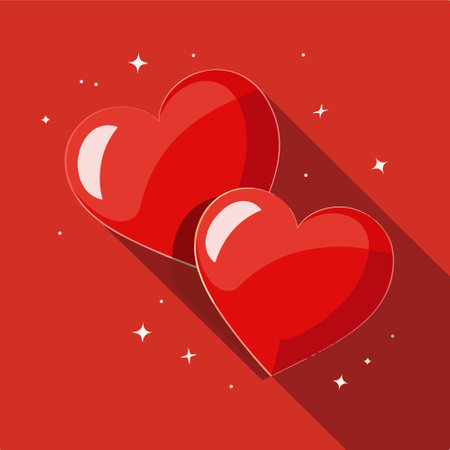 Two red hearts on a red background with stars. Vector illustration.のイラスト素材