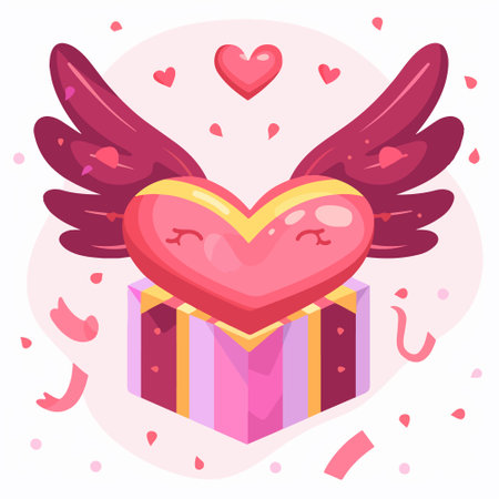 Cute heart with wings flying out of a gift box. Vector illustration in cartoon style.のイラスト素材