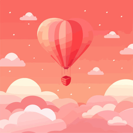 Red hot air balloon flying in the sky with clouds. Vector illustrationのイラスト素材