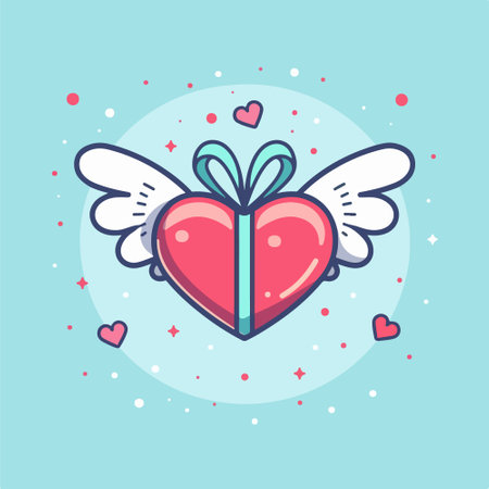 Vector illustration of heart with wings and bow on blue background with heartsのイラスト素材