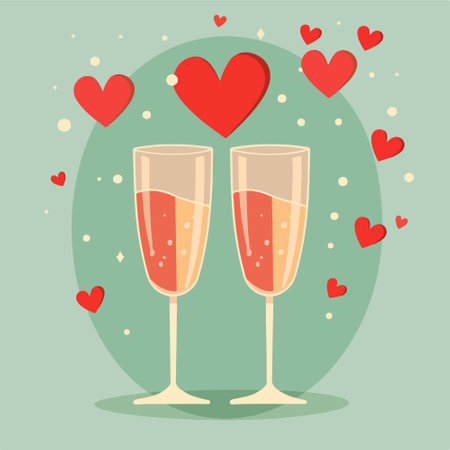 Two glasses of champagne with hearts. Vector illustration in flat style.のイラスト素材
