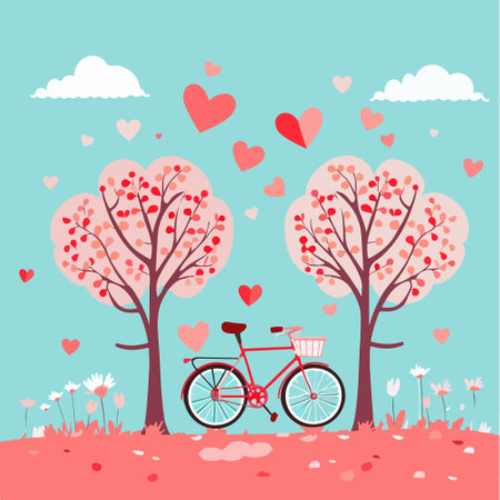 Bicycle in the park with hearts and flowers. Vector illustration.のイラスト素材
