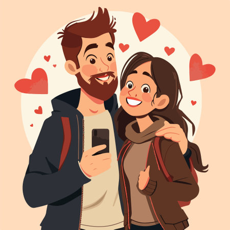 Couple in love with mobile phone. Vector illustration in cartoon styleのイラスト素材