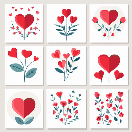 Valentine's day greeting card set with heart and flower vector illustrationのイラスト素材