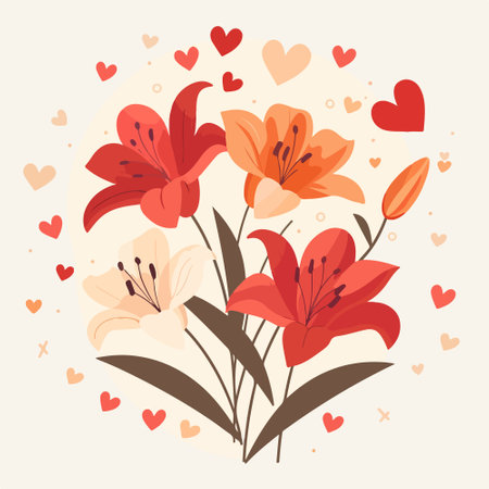Bouquet of lily flowers with hearts. Vector illustration.のイラスト素材