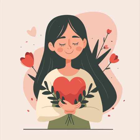 Valentine's day greeting card with cute girl holding a heart. Vector illustration.のイラスト素材