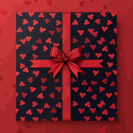 Gift box with red bow and hearts on red background. Vector illustration.のイラスト素材