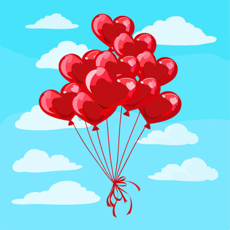 Red heart balloons on blue sky background. Valentines day vector illustration.のイラスト素材