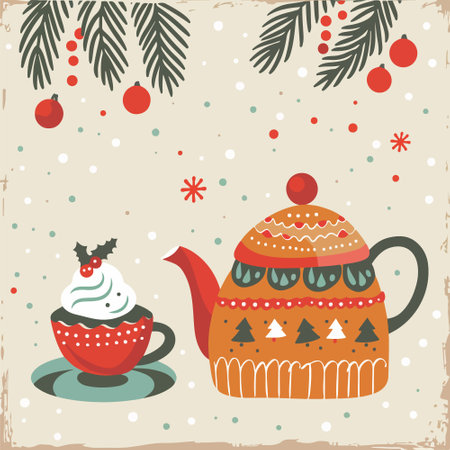 Cute vector Christmas card with teapot and cupcake.のイラスト素材
