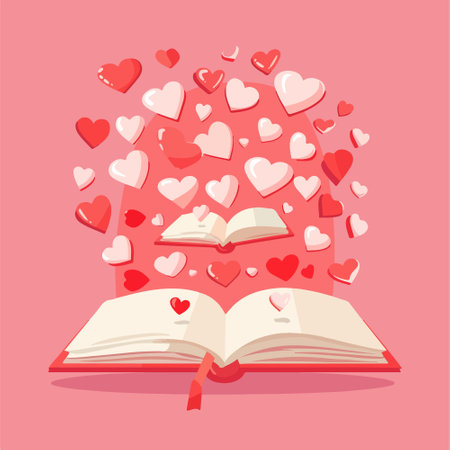 Open book with flying hearts on pink background. Flat style vector illustration.のイラスト素材