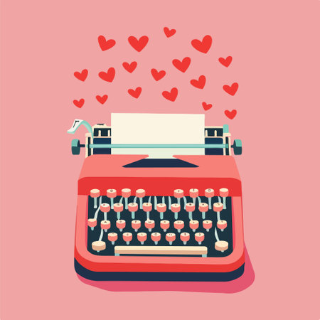 Retro typewriter with hearts. Vector illustration in flat style.のイラスト素材