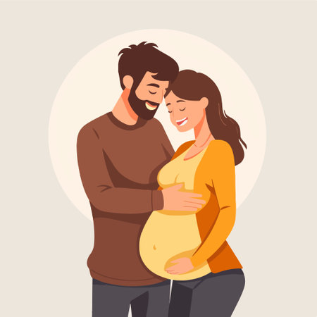 Happy pregnant woman and her husband hugging. Vector illustration in cartoon styleのイラスト素材