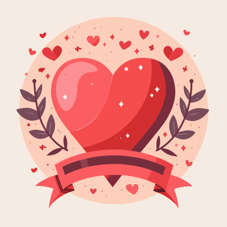 Vector illustration of red heart with ribbon and laurel wreath. Valentines day card design.のイラスト素材