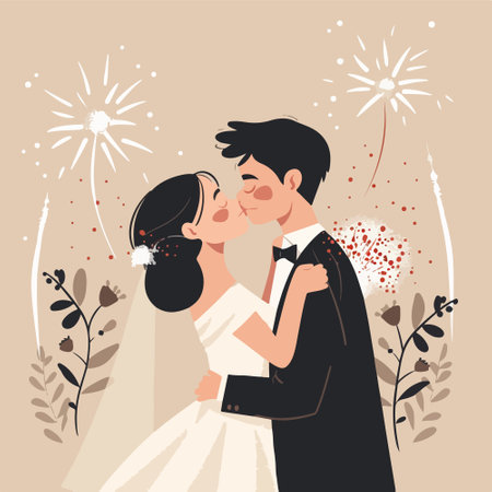Bride and groom on the background of fireworks. Vector illustration in flat styleのイラスト素材