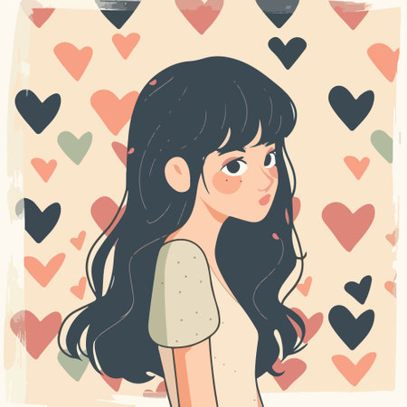 Cute girl with long hair and hearts on background. Vector illustration.のイラスト素材