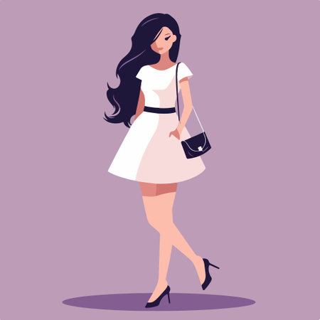 Fashionable woman in white dress. Vector illustration in cartoon styleのイラスト素材