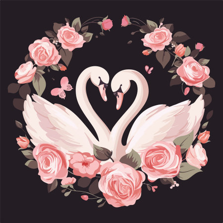 Vector illustration of two swans with heart shaped floral wreath.のイラスト素材