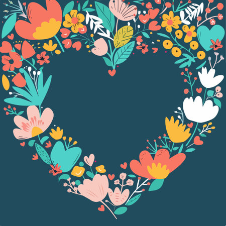 Floral heart shape frame with flowers. Hand drawn vector illustration.のイラスト素材
