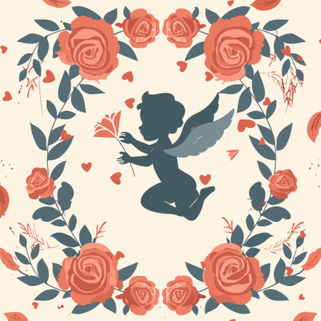 Seamless pattern with roses and cupid. Vector illustration.のイラスト素材