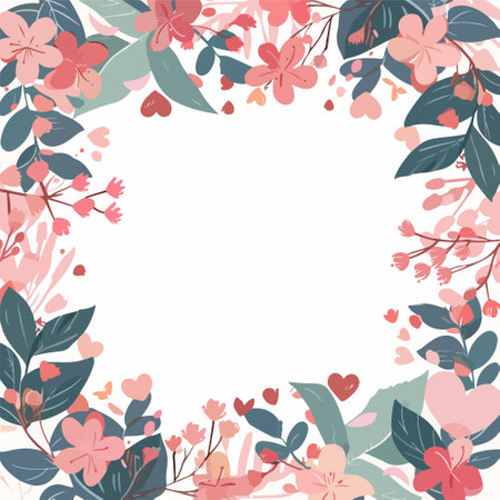 Floral frame with pink flowers and leaves on white background. Vector illustration.のイラスト素材