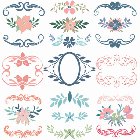 Vector set of vintage frames, borders and design elements in pastel colorsのイラスト素材