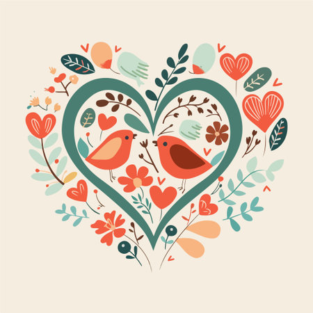 Romantic card with birds, hearts and flowers. Vector illustration.のイラスト素材