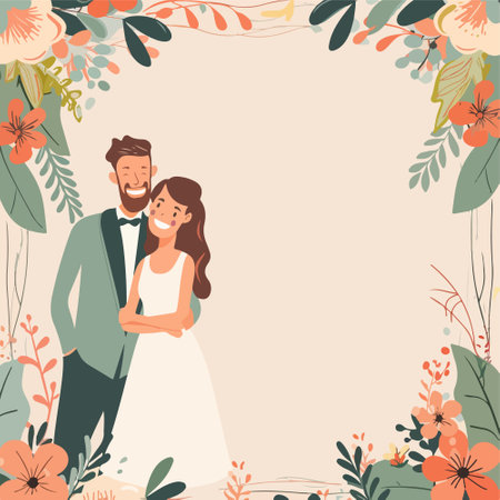 Wedding couple in floral frame. Happy bride and groom. Vector illustrationのイラスト素材