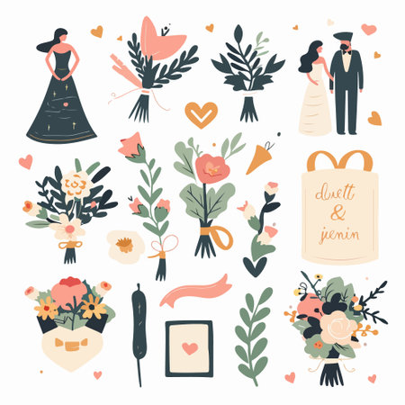 Wedding set with hand drawn elements. Vector illustration in doodle style.のイラスト素材