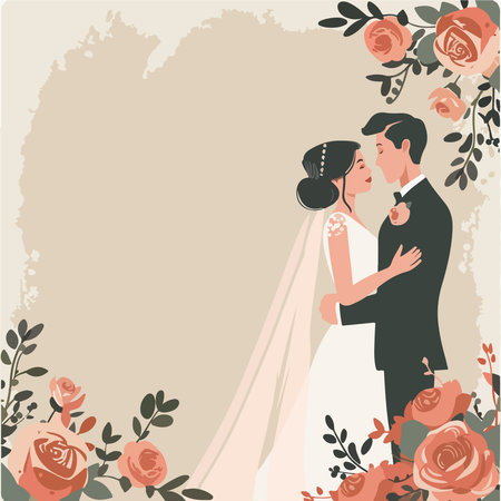 Wedding invitation with bride and groom. Vintage vector illustration.のイラスト素材