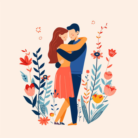 Romantic couple in love hugging. Vector illustration in flat style.のイラスト素材