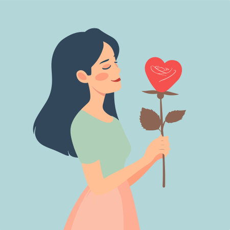 Young woman holding a red rose. Vector illustration in flat style.のイラスト素材