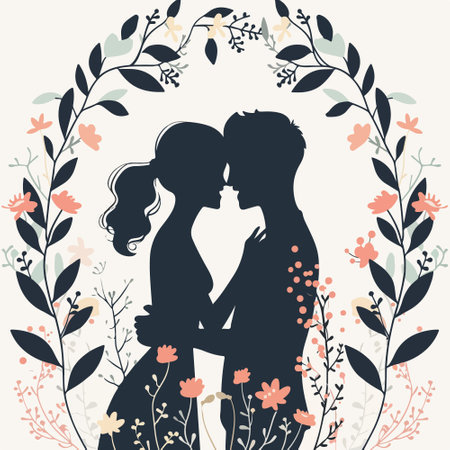 Silhouette of a loving couple in a floral frame. Vector illustration.のイラスト素材