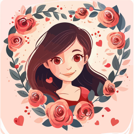 Illustration of a cute girl in a floral frame with roses and heartsのイラスト素材