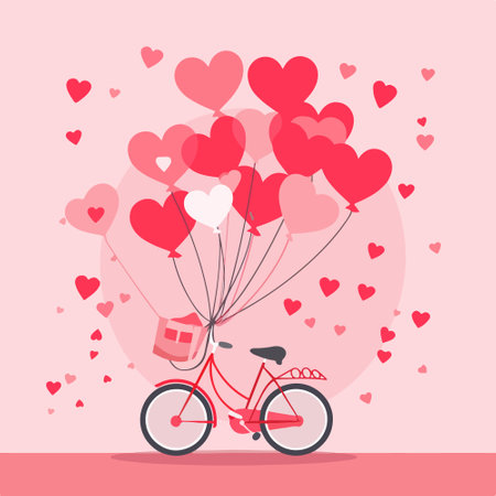 Valentine's day vector illustration with bike, balloons and heartsのイラスト素材