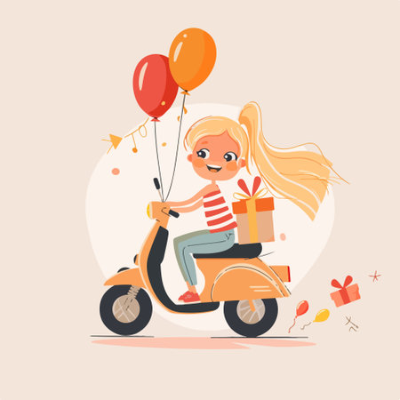 Cute little girl riding a scooter with gifts and balloons. Vector illustration.のイラスト素材