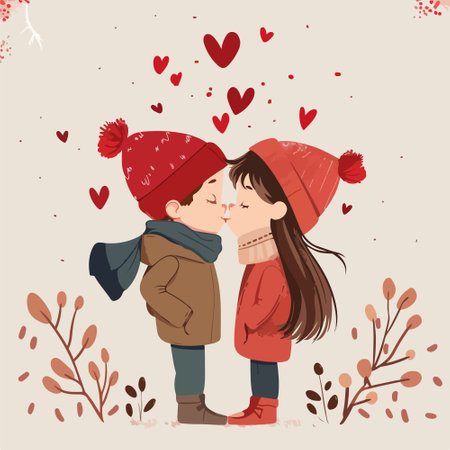 Valentine's day greeting card with cute couple kissing. Vector illustration.のイラスト素材