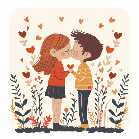 Cute little boy kissing his girlfriend in the cheek. Vector illustration.のイラスト素材
