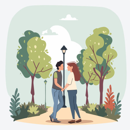 Couple in love walking in the park. Vector illustration in flat styleのイラスト素材