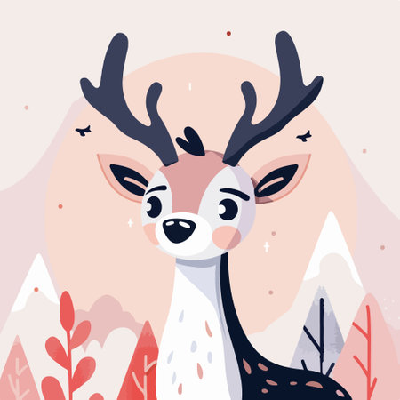 Cute cartoon deer in the forest. Vector illustration in flat style.のイラスト素材