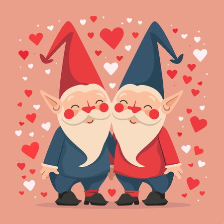 Greeting card with two gnomes in love. Vector illustrationのイラスト素材