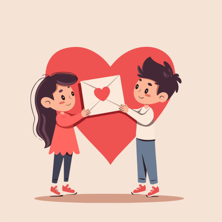 Valentine's day vector illustration. Cartoon boy and girl holding envelope with heart.のイラスト素材