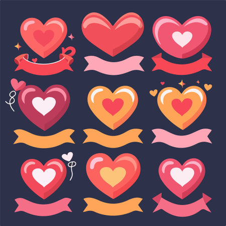 Set of heart icons with ribbons and hearts. Vector illustration.のイラスト素材
