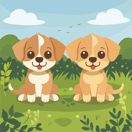 Cute cartoon dogs on the green grass background. Vector illustration.のイラスト素材