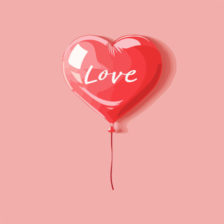 Illustration of red heart-shaped balloon with love text on pink background.のイラスト素材